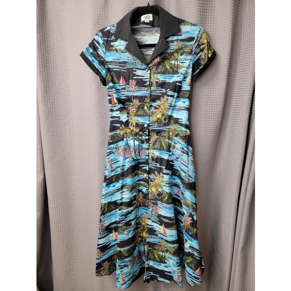 Unique Vintage Dresses & Skirts - Unique Vintage Rockabilly Pin Up Tropical Hawaiian Print Dress Size XS